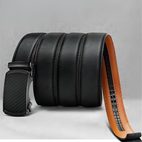 Ceinture smoking en cuir réversible noir et marron avec détails effet carbone