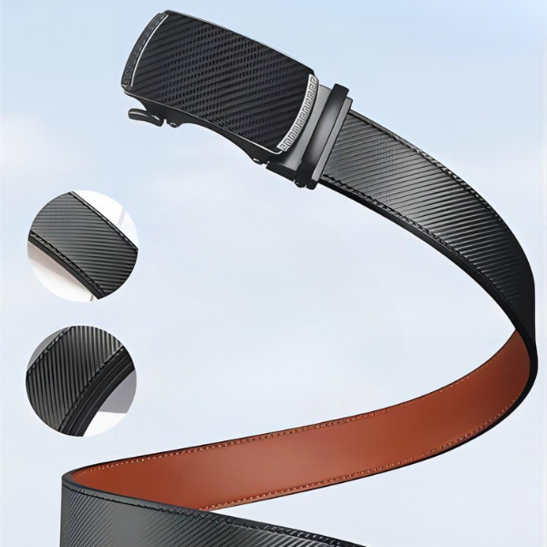 Ceinture smoking en cuir noir et marron avec finition carbone, élégance masculine