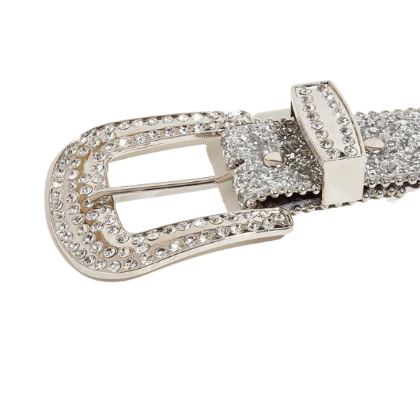 Ceinture femme argentée élégante avec strass et boucle ornée de cristaux brillants.