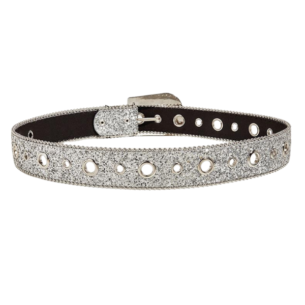 Ceinture en strass argenté pour femme, style western avec une boucle sertie de cristaux.