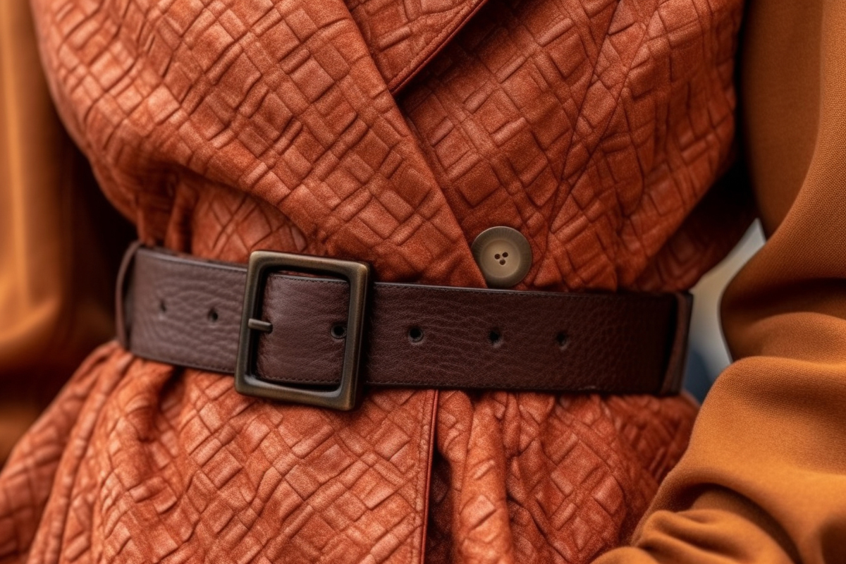 Ceinture en cuir marron ajustée sur une robe texturée, parfaite pour affiner la taille